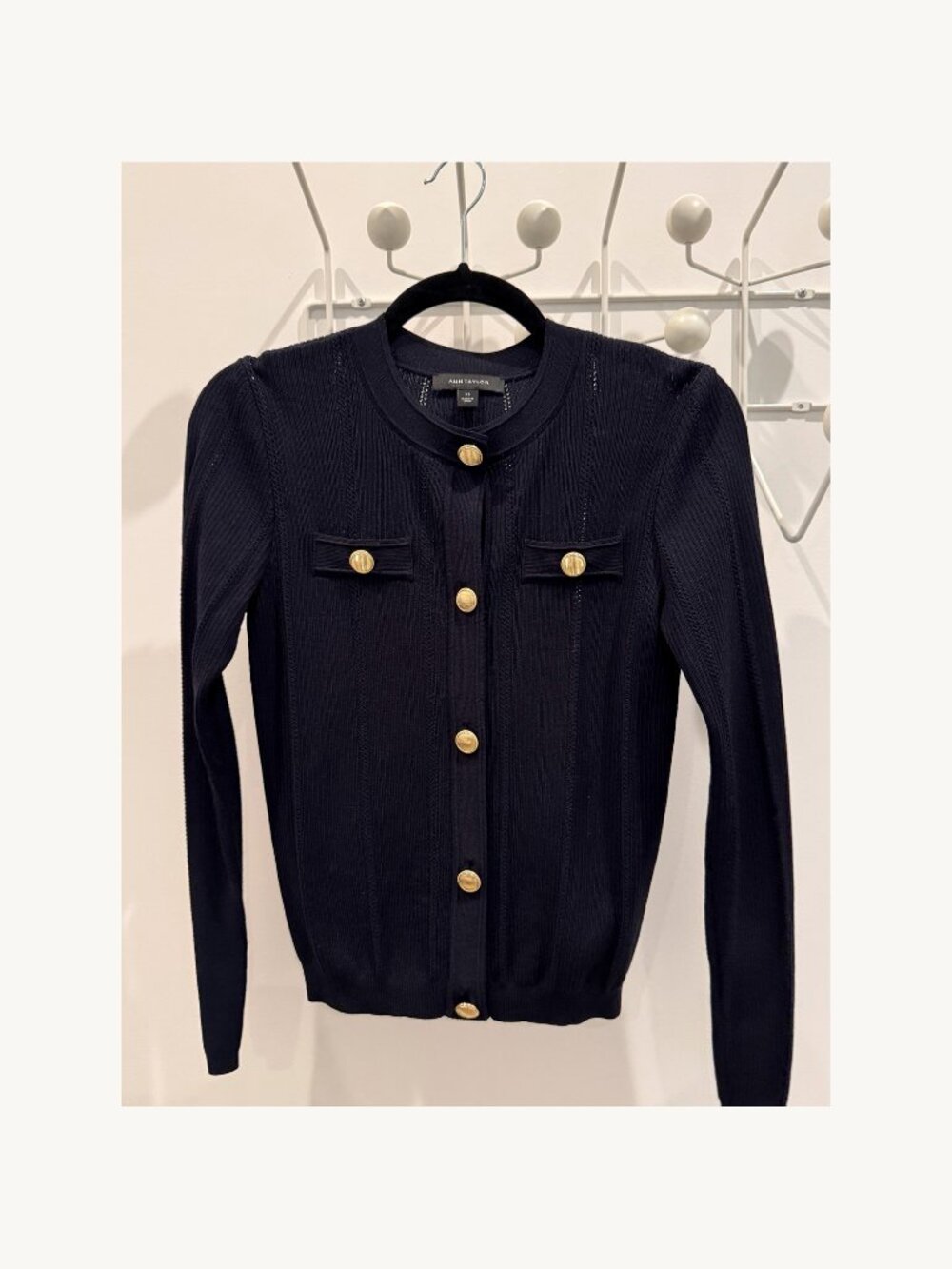Ann Taylor Navy Gold Button Pointelle Cardigan Sweater XS